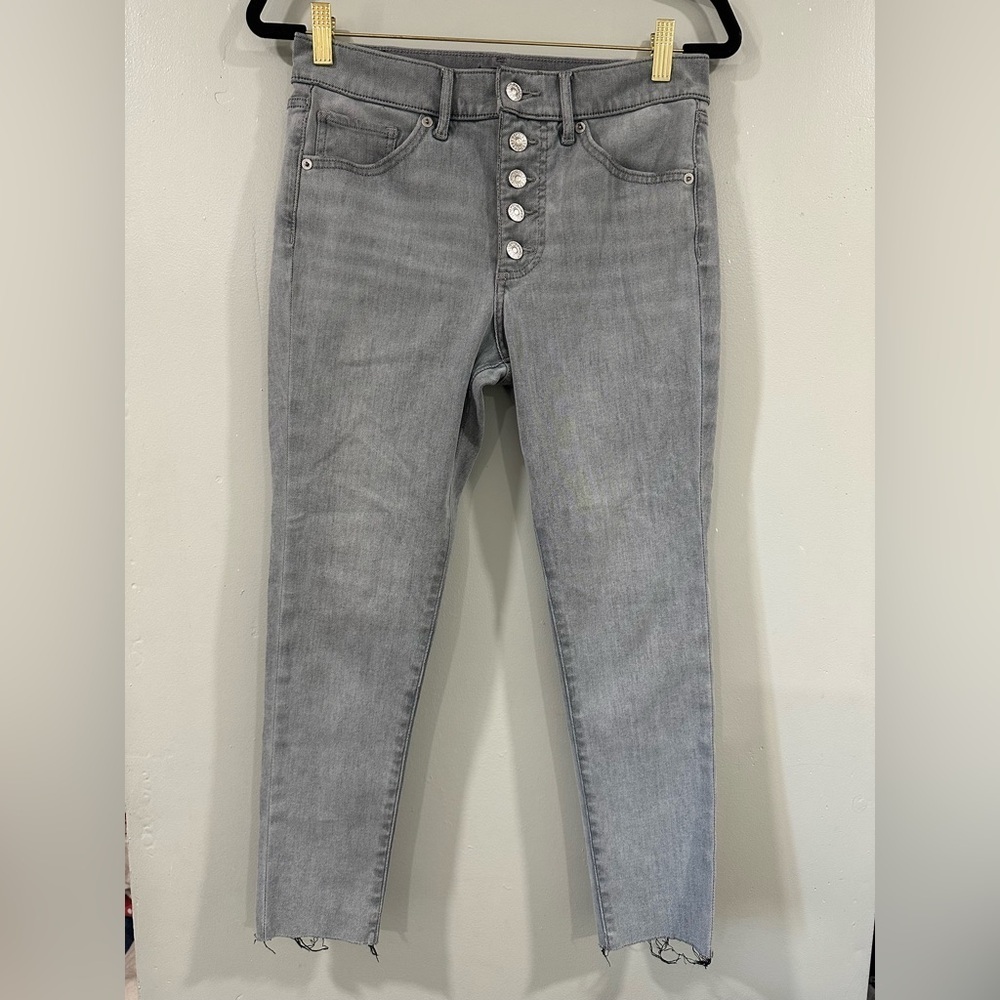 Express Skinny Mid-Rise Button Fly 4-Way Hyper Stretch Grey Jeans, Size 6R